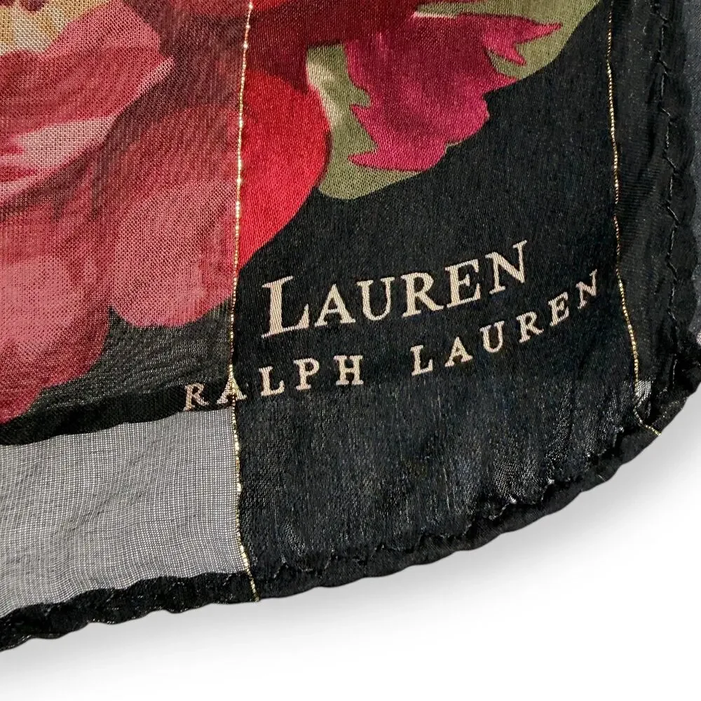 VINTAGE Ralph Lauren Silk Sheer Black w/ Red Floral & Gold Thread 54 X 11